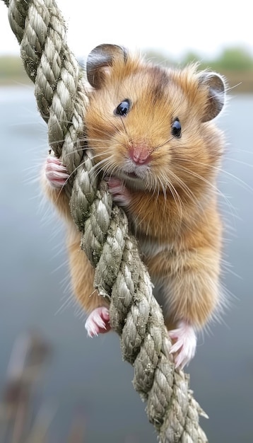 A rodent with fawn fur and whiskers dangles from a rope