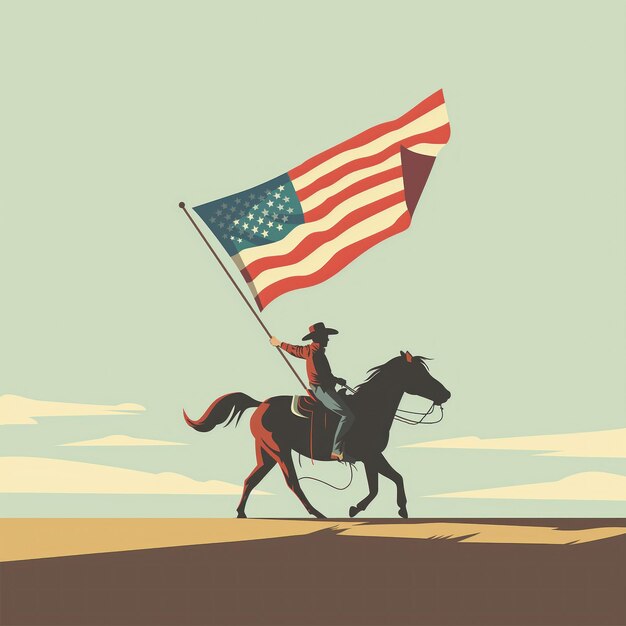 Rodeo cowboy rides horse waves American flag Illustration shows patriotism traditional sport