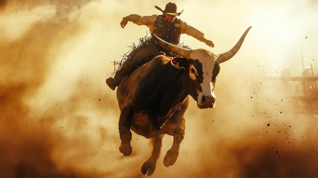 Photo rodeo rider braces for a buck