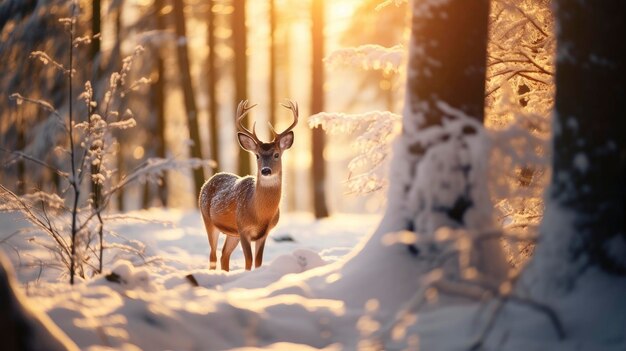 Roe deer in snowy winter beautiful coniferous forest at sunny day