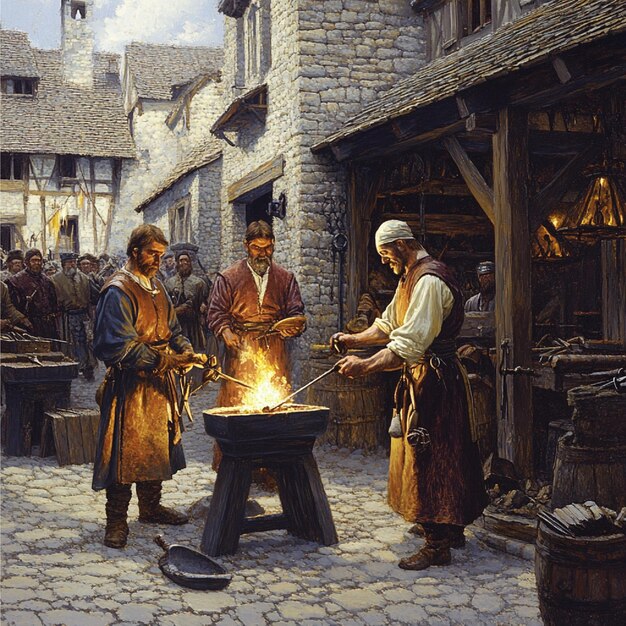 Photo the role of medieval guilds in trade and craftsmanship featuring blacksmiths and merchants