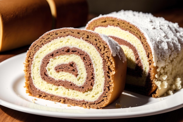 A roll of chocolate and white chocolate cake with powdered sugar on top.