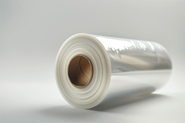 Roll of clear white polyethylene film on a light background