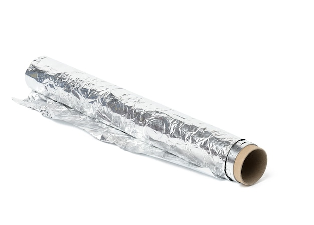 Roll of gray foil for baking and packaging food on a white background, close up