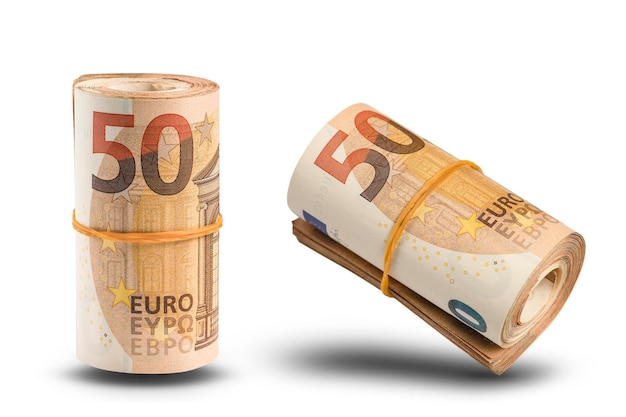 Photo roll of money isolated on white a roll of euro banknotes euro banknotes rolled up on a white isolate