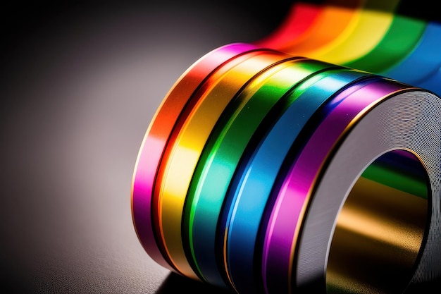 A roll of rainbow colored ribbon sits on a black surface.