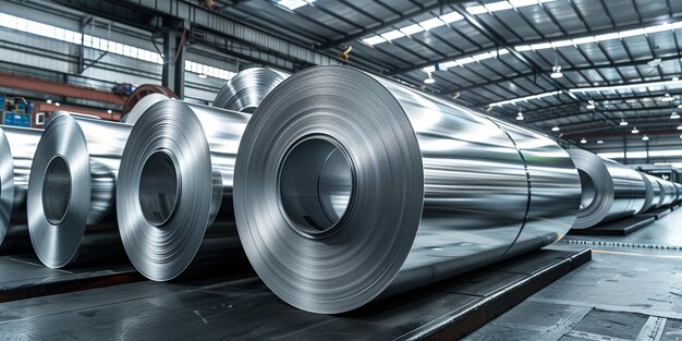 a roll of steel rolls are on a conveyor belt