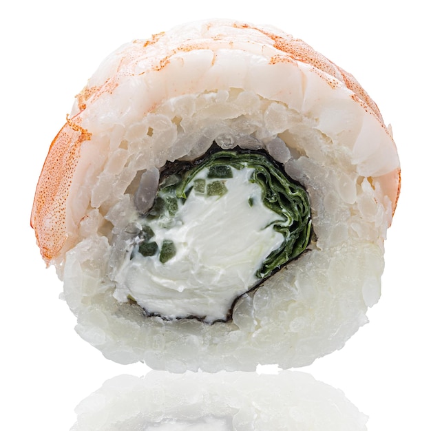 Roll Sushi isolated on white background. Close up view with reflection.