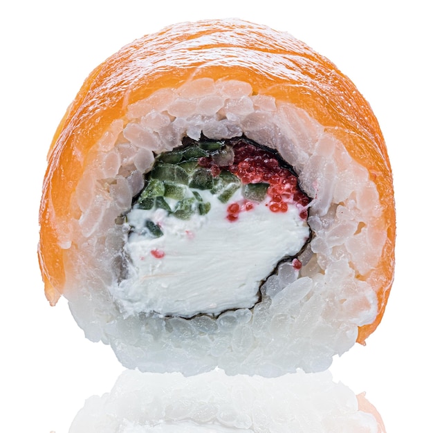 Roll Sushi isolated on white background. Close up view with reflection.