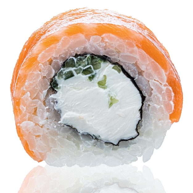 Roll Sushi isolated on white background. Close up view with reflection.