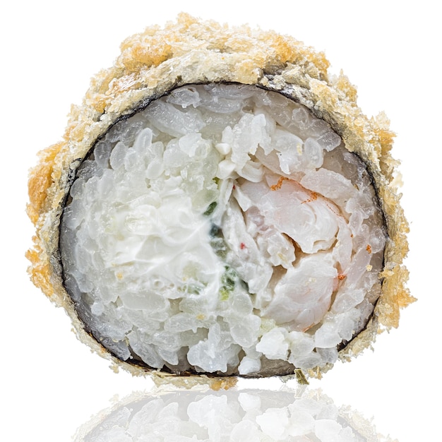 Roll Sushi isolated on white background. Close up view with reflection.