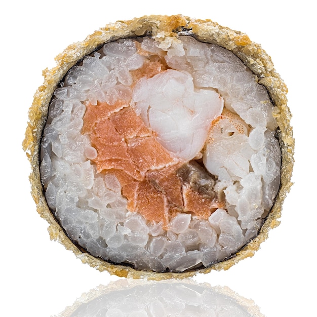 Roll Sushi isolated on white background. Close up view with reflection.