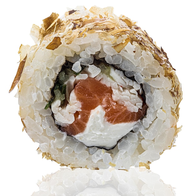 Roll Sushi isolated on white background. Close up view with reflection.