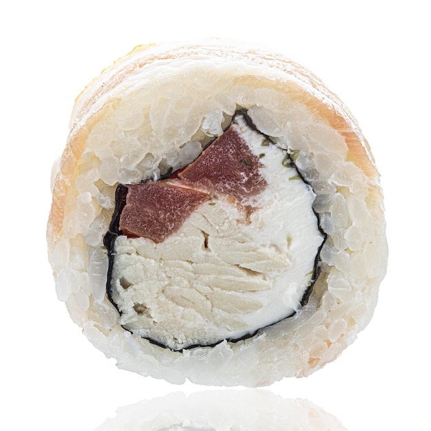 Roll Sushi isolated on white background. Close up view with reflection.