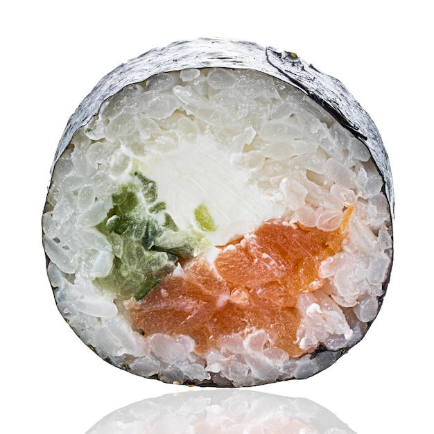 Roll Sushi isolated on white background. Close up view with reflection.