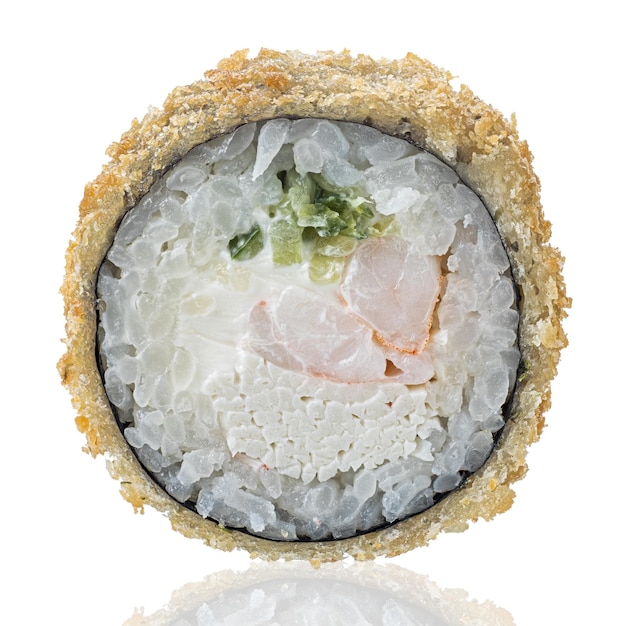 Roll Sushi isolated on white background. Close up view with reflection.