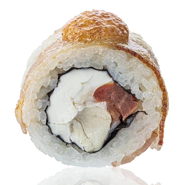 Roll Sushi isolated on white background. Close up view with reflection.