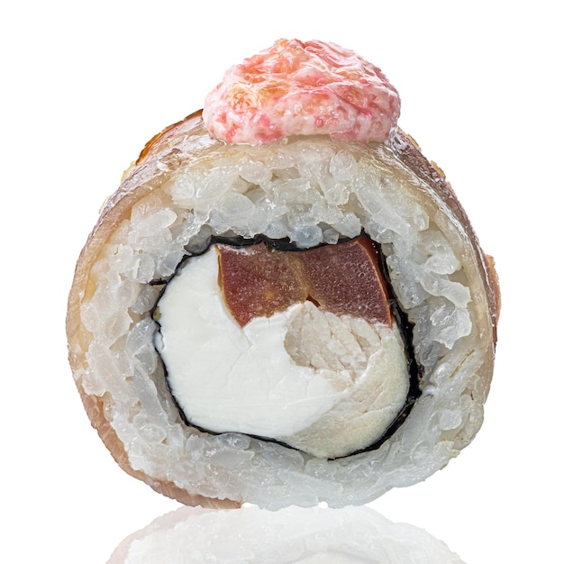 Roll Sushi isolated on white background. Close up view with reflection.