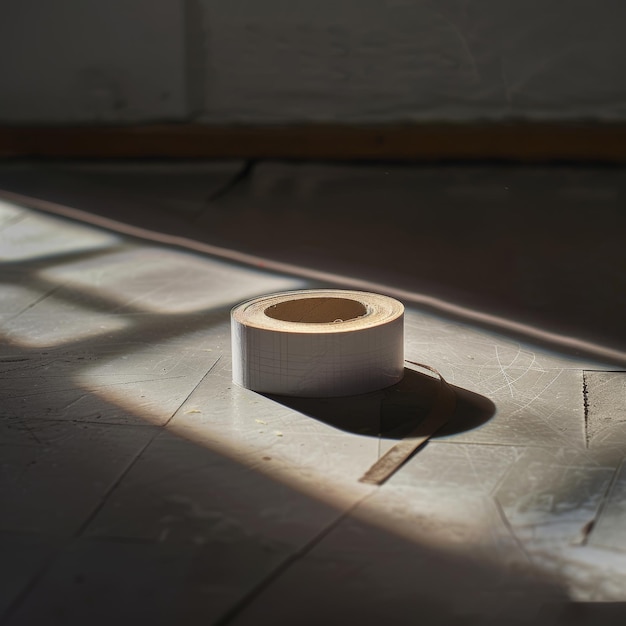 a roll of toilet paper is on the floor in a room