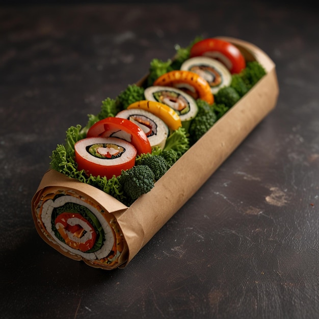 Roll with vegetables and mushrooms in craft packaging