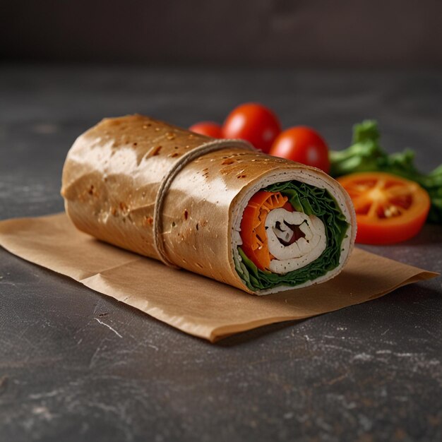 Photo roll with vegetables and mushrooms in craft packaging