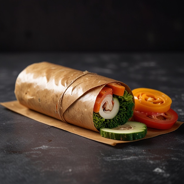 Roll with vegetables and mushrooms in craft packaging