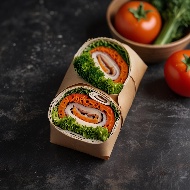 Photo roll with vegetables and mushrooms in craft packaging