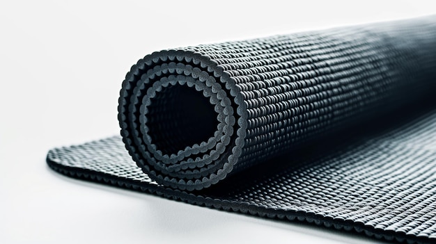 Rolled black yoga mat with a textured surface on a white background