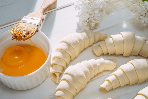 Rolled croissant dough and ready for baking on a white wooden table on baking paper in the morning sun