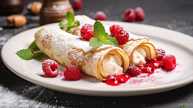 Photo rolled pancakes filled with cottage cheese