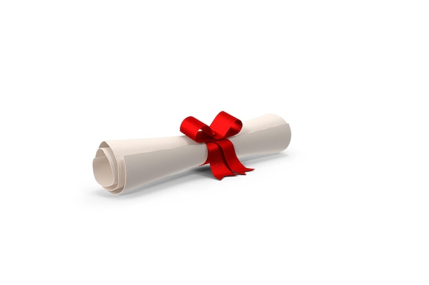 A rolled paper with a blue ribbon and a bow on a white background.