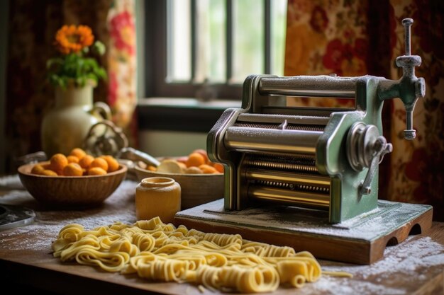 Rolled pasta dough with vintage pasta machine created with generative ai