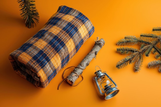 Photo rolled plaid blanket twig and lantern on orange background