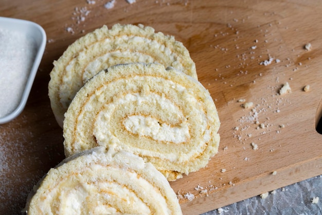 A rolled roll of soft cake and sweet curd filling