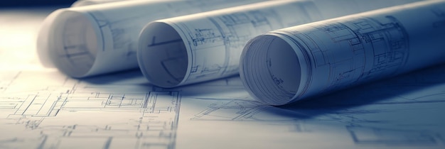 Photo rolled up blueprints architectural design and construction plans blueprints rolled up and sp