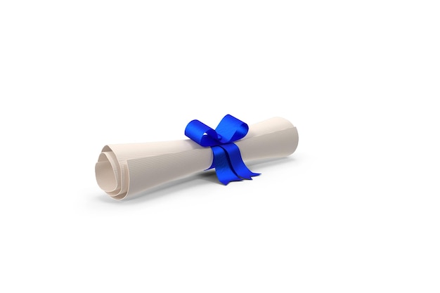 A rolled up diploma with a blue ribbon and a bow on a white background.