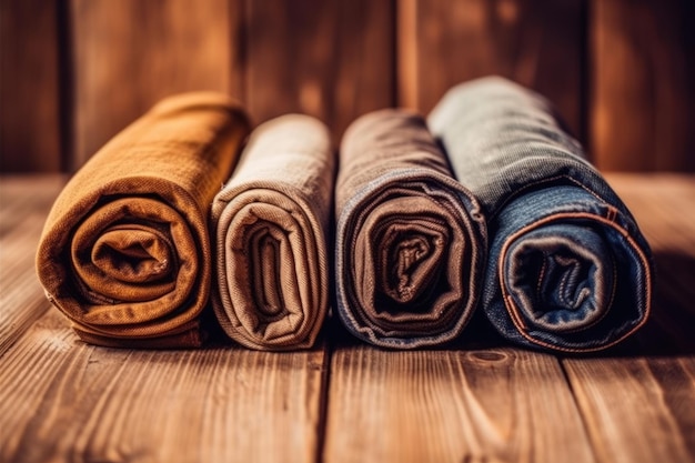 Rolled up jeans on a wooden background Closeup