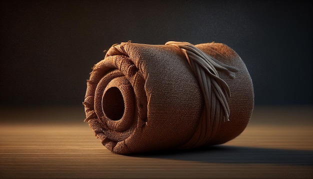 A rolled up piece of brown cloth sits on a wooden surface