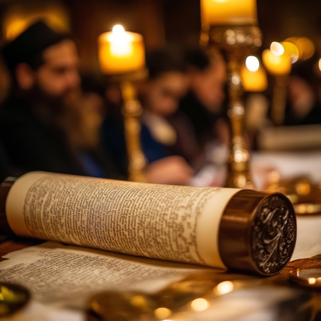 Photo a rolled up scroll with text and a seal lies on a table in front of a blurred background of people in a dimly lit room with candlelight