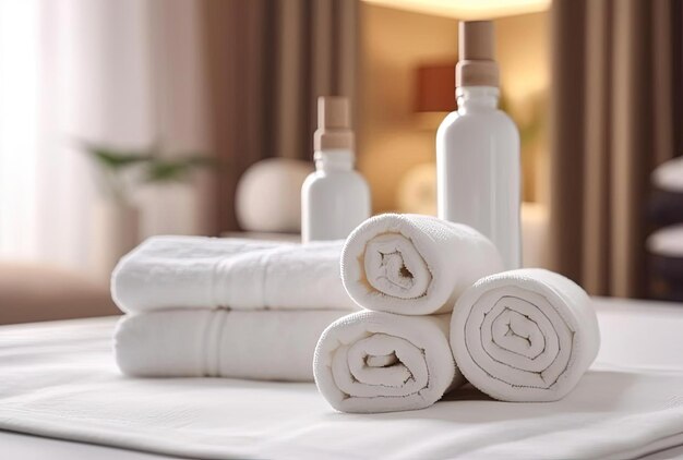 Rolled up white towels with cosmetic bottle