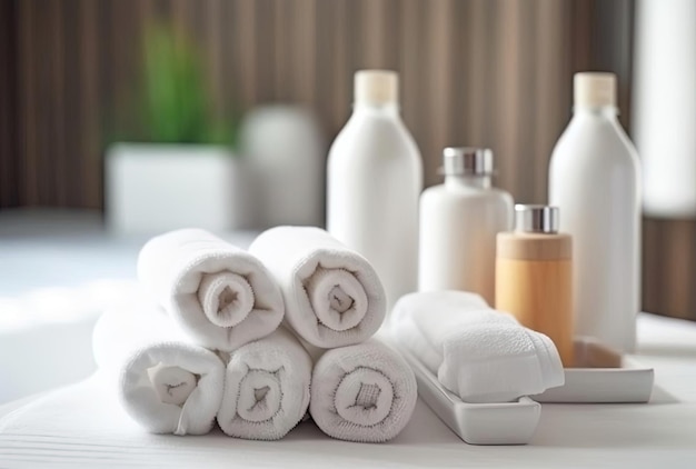 Rolled up white towels with cosmetic bottles