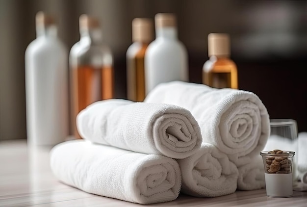 Rolled up white towels with cosmetic bottles