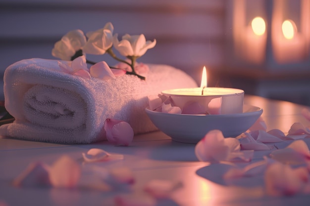 Rolled White Towel With Candle and Flower Petals on Table