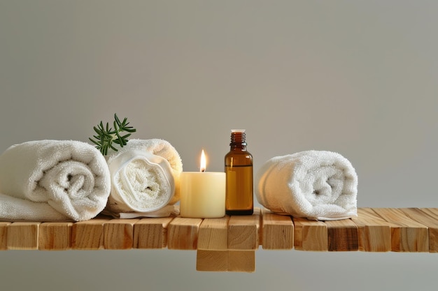 Rolled White Towels Lit Candle and Oil Bottle on Wooden Shelf