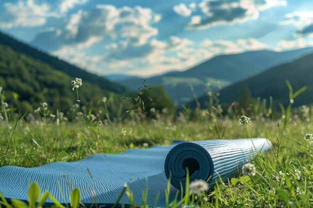 Rolled Yoga Mat in Field With Mountain Backdrop