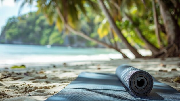 A rolled yoga mat on a sandy tropical beach with palm trees and a serene ocean backdrop perfect for relaxation or workout