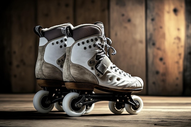 Roller skates in a pair on a wooden background