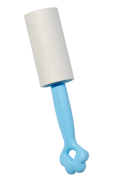 Roller with sticky tape for cleaning clothes on a white background top view