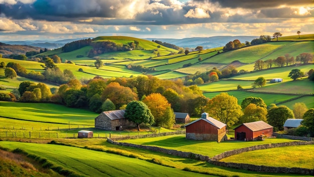 Rolling countryside around a farm