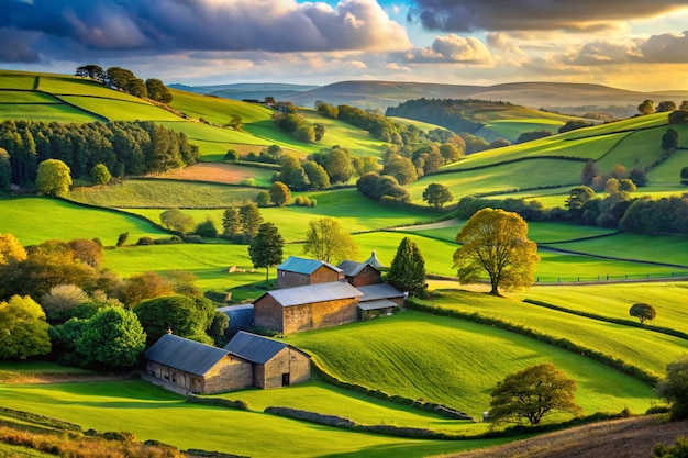 Rolling countryside around a farm